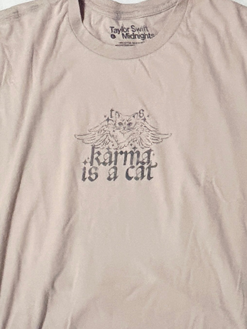 Taylor Swift Beige 'Karma Is A Cat' Graphic Tee | Official Merch | Women’s Large